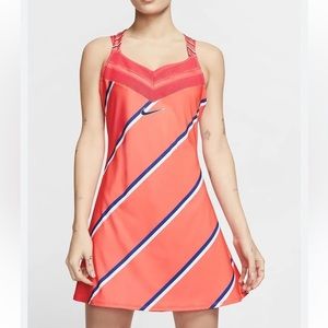 Nike Women’s Paris Team Court Tennis Dress - pink orange w/ blue stripe - small